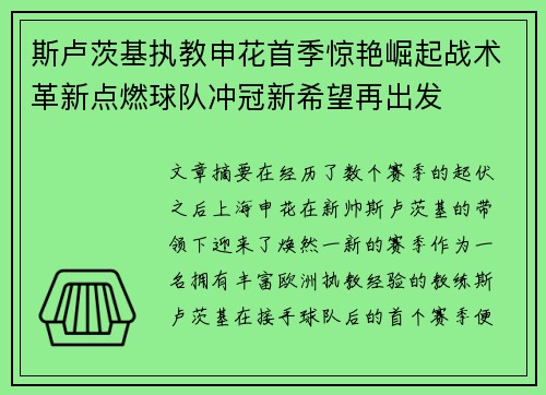斯卢茨基执教申花首季惊艳崛起战术革新点燃球队冲冠新希望再出发