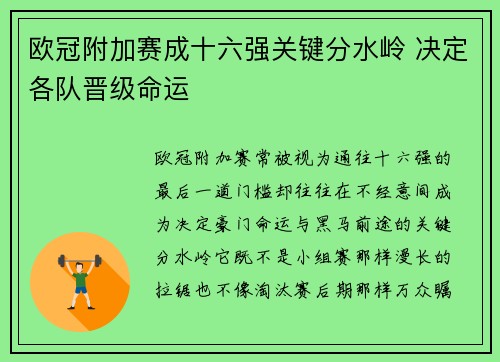 欧冠附加赛成十六强关键分水岭 决定各队晋级命运